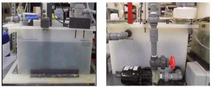 Figure 3 - Images of electropretreatment cell (A) on left above and NiP electrodeposition cell (B) on right above.