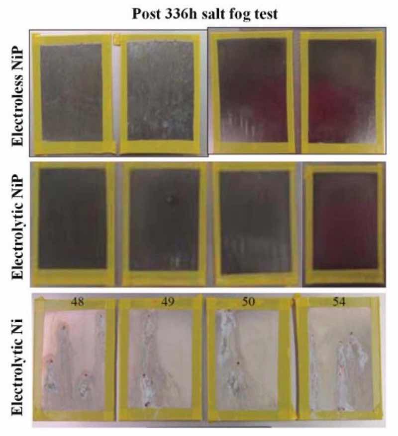 Figure 6 - Surface images of post-salt spray corrosion test electroless NiP, electrolytic NiP and electrolytic Ni applied to 6061 Al.