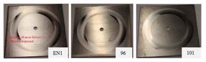 Figure 9 - Images of electroless NiP (EN 1) and representative electrolytic NiP (96, 101) coupons after the taber wear test, undertaken at FermiLab