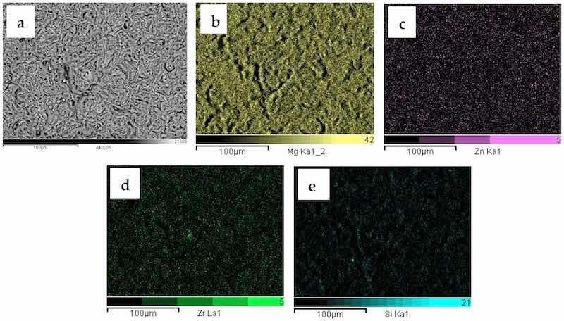 Figure 2. SEM-BSE micrograph (a) and corresponding EDS maps of the 0-GO sample: (b) Mg, (c) Zn, (d) Zr; (e) Si.