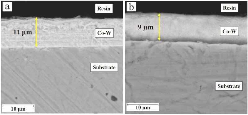 Fig. 2. a) SEM micrographs from the cross-section image of Co–W coating electrodeposited at a) peak current density of 25 mA/cm2 and pulse frequency of 100 Hz, b) peak current density of 50 mA/cm2 and pulse frequency of 100 Hz.