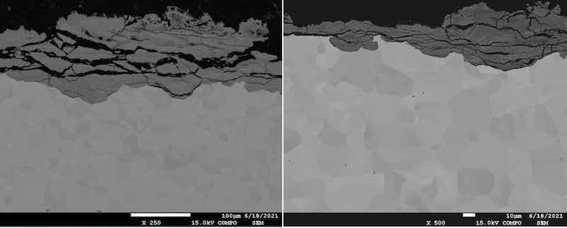 Fig. 5 Microscopical analysis of galvanized steel: a) magnification 250×; b) magnification 500×.