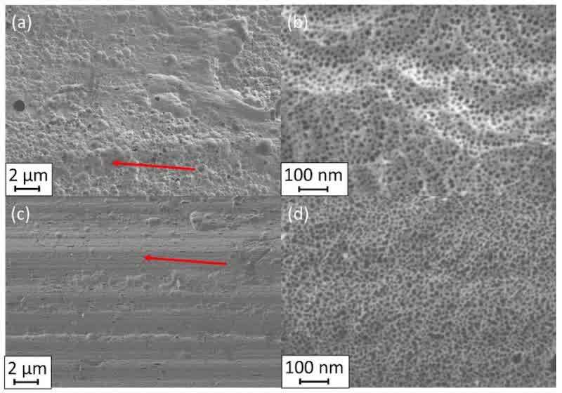 Figure 3. Surface morphology of 2024 after anodizing in TSA for 25 min (a,b) and 45 min (c,d). Red arrows point out different surface morphologies [61].