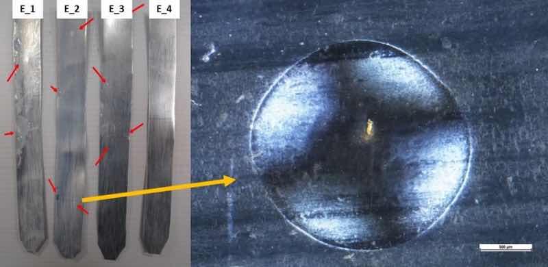 Figure 3. Samples E, where the red arrows indicate the presence of bubbles. On the right, the magnification of one of these bubbles is shown.