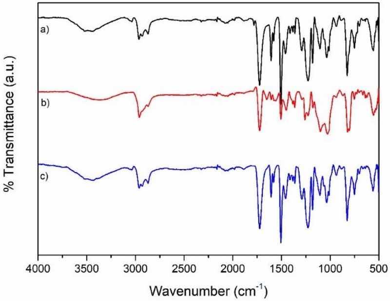 Figure 4. FTIR spectra of sample E-Mod_2 (a), sample E-Mod_2 in liquid (b) and sample E-Mod_2 in gas (c).