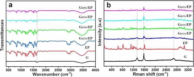 Fig. 2. FTIR (a) and Raman spectra (b) of the G, EP, G0.2%/EP, G0.4%/EP, G0.6%/EP, G0.8%/EP samples.