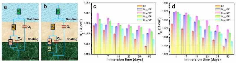 Fig. 8. (aâb) Equivalent electrical circuit model, Tendency of the (c) Rc and (d) Rct values of the EP and G/EP composite coatings immersed in 3.5% NaCl solution.
