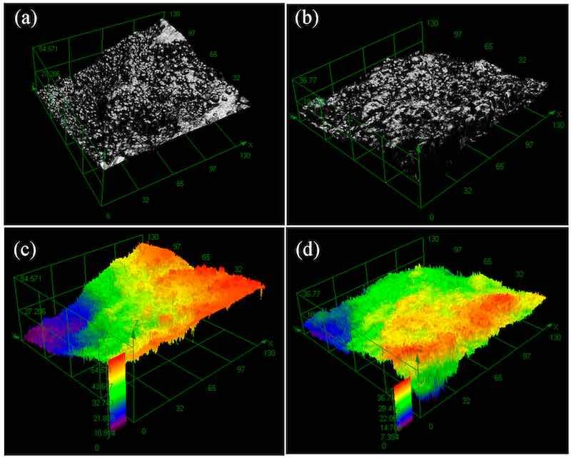 Figure 2. 3D measuring laser microscope images of the surfaces of coatings prepared by these two pretreatments: (a) 3D brightness image and (c) 3D height image of sensitization-activation pretreatment; (b) 3D brightness image and (d) 3D height image of Pd-free activation pretreatment.