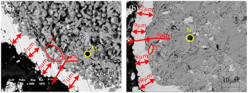 Figure 4. SEM images of Ni-P coatings on NiFe2O4 electroless plated (a) with sensitization-activation and (b) Pd-free pretreatment.
