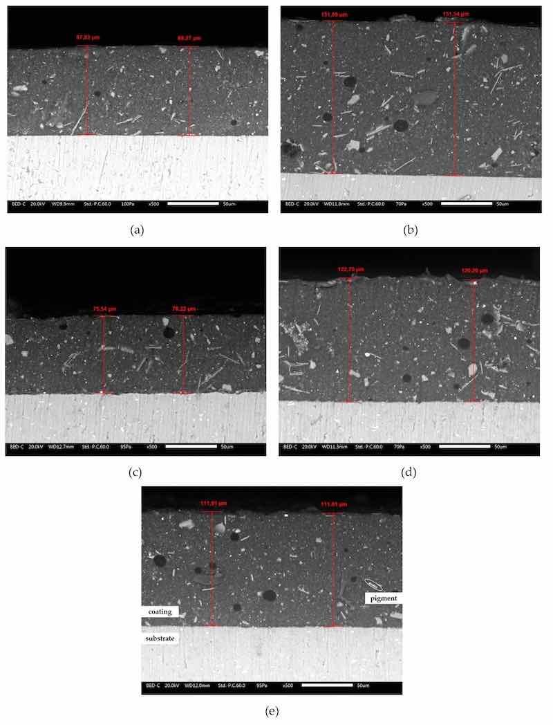 Figure 2. Scanning electron microscope cross sections of the sample: (a) GB-SW; (b) GB-WNT; (c) LG; (d) PS; and (e) TB. In (e), a description of the components of the sample is made.