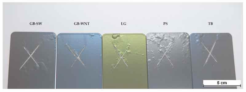 Figure 9. Samples after 1000 h exposure in an acetic salt spray chamber in the presence of an artificial scratch.