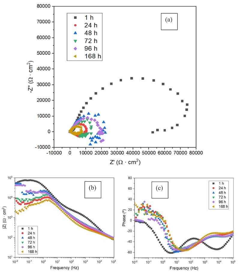 Fig. 10. EIS curves for PEO coated AZ31 substrate obtained after different immersion time: a) Nyquist plot, b) Bode plot of total impedance modulus, (c) Bode plot of phase angle.