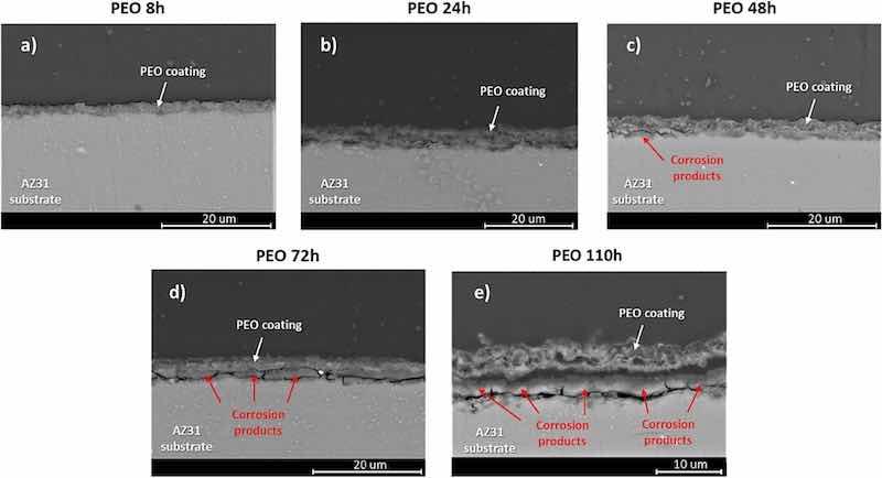 Fig. 12. Cross-sectional SEM images illustrating the evolution of the corrosion process on the AZ31 substrate protected with the PEO coating obtained at different immersion time up to 110 h in Hanks' solution at 37 Â°C.