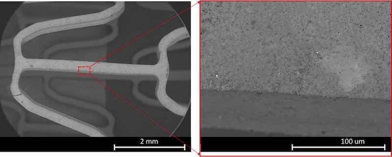 Fig. 15. PEO coating on AZ31 stent samples after conducting balloon expansion tests. Low magnification of stent segment with coating-(left). High magnification of a strut with the PEO coating intact-(right).