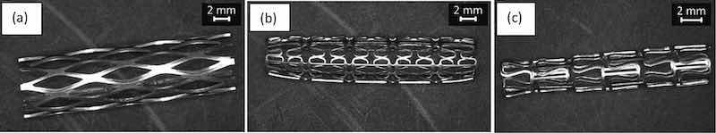 Fig. 2. Modified and adapted from B.S.P.K. Kandala et al. [18] under the Creative Commons Attribution (CC BY 4.0) license . Pictures of AZ31 stents made by photochemical etching with different design. (a) Rhombus design; (b) U-design; (c) Omega design.