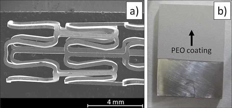 Fig. 3. (a) SEM image of a photochemically etched AZ31 stent. (b) Macroscopic image of PEO coated AZ31 plate.