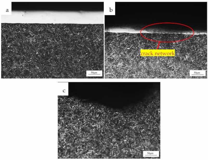 Figure 4. OM observation of structure: (a) substrate; (b) crack part; (c) the cross-section of corrosion pit.