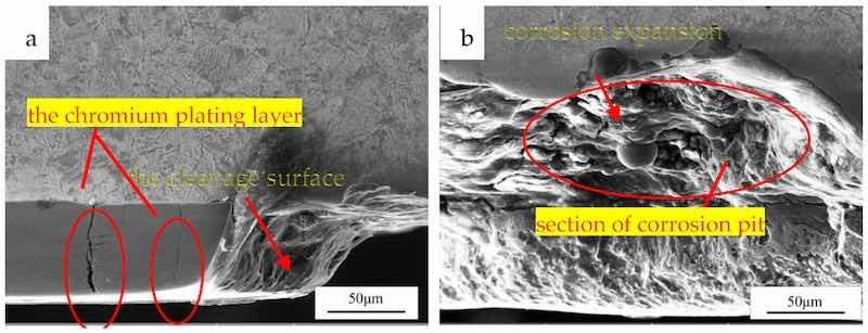 Figure 6. SEM morphology observation: (a) a fractured chromium layer; (b) section of corrosion pit.
