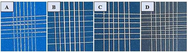 Figure 5. Aspect of the samples submitted to the adhesion test of the coatings of neat e-coat (A), e-coat/PPy 0.4% by weight (B), 0.8% by weight (C), 1.2% by weight (D).