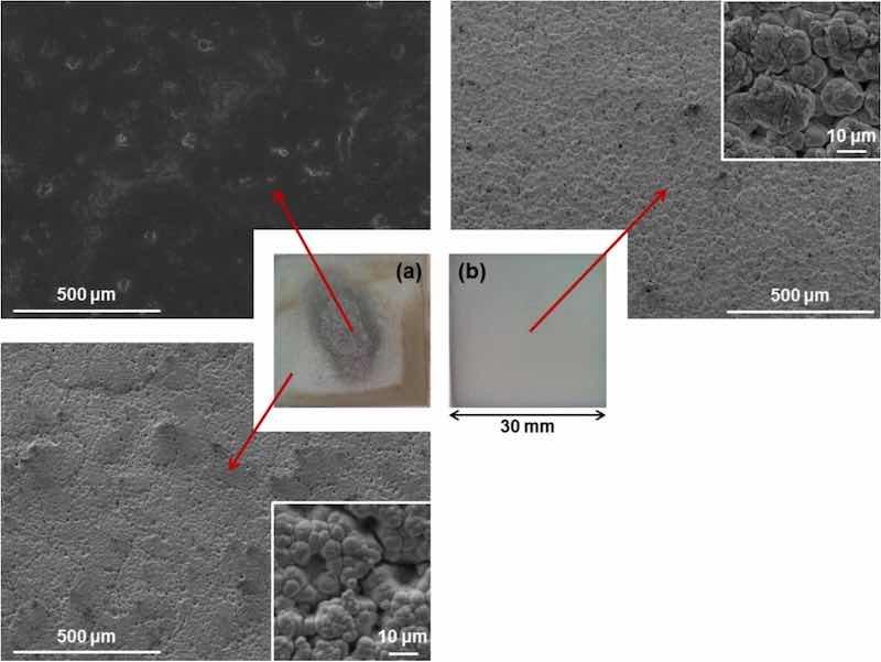 Fig. 2: Surface images from Ni/PTFE coating without the use of surfactants. In the centre, two macro images of the coatings, (a) produced with white brush and 124 A/dm2 current density and (b) produced with red brush and 75 A/dm2. Around the edges, SEM images taken from the regions indicated with the red arrows are given with higher magnifications in the corners.