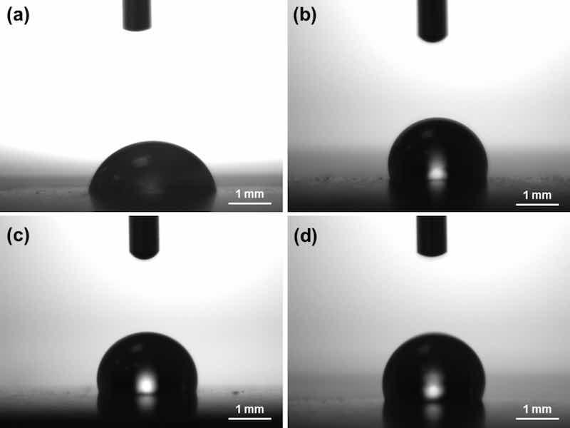 Fig. 8: Images taken during the measurement of the contact angle of a water droplet on the surface of different coatings: (a) Ni coating, (b) Ni/PTFE produced with IPA, (c) Ni/PTFE produced with ethanol, and (d) Ni/PTFE produced with ethanol interrupted at 5 AÂ·min.