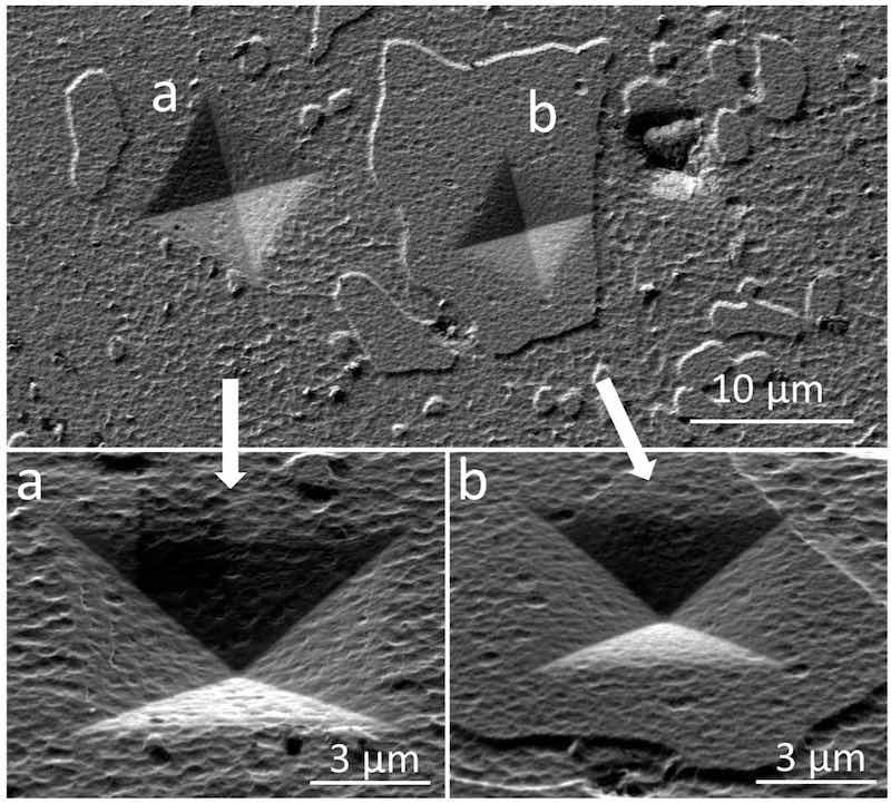 Figure 2. Top view SEM images of indents at 1000 mN load on TiAlN sputter-deposited hard coating (a) at the tempered martensite matrix and (b) at the site of a carbide inclusion. The bottom SEM images (a,b) were recorded from a side view at about 30Â° inclination.