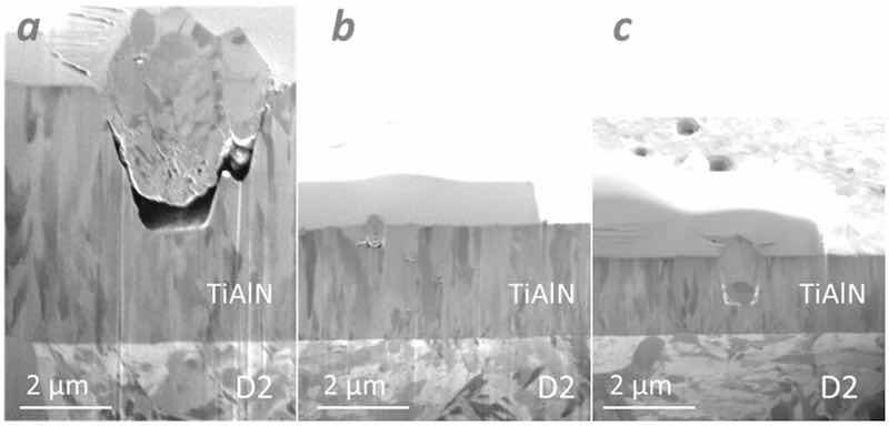 Figure 8. SEM images of FIB cross-sections of TiAlN hard coatings deposited by cathodic arc evaporation on D2 tool steel substrate. The samples were prepared in a single batch using 1-fold (a), 2-fold (b) and 3-fold (c) rotation of the substrate. The magnification scales are identical.