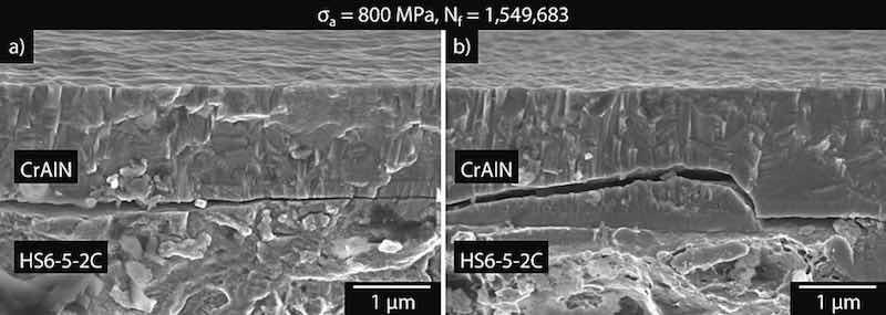 Fig. 11. SEM images of the a) adhesive and b) cohesive plus adhesive coating damage along the fracture cross section for the coated sample, which showed significant increase in fatigue life during single step cyclic bending test at Ïa = 800 MPa.