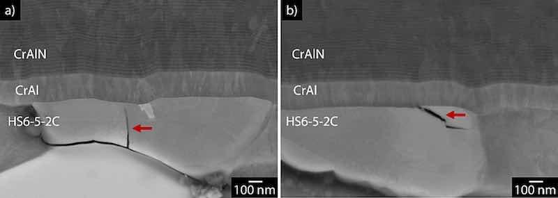 Fig. 16. Fatigue cracks observed on the interface between coating and substrate for the sample subjected to in situ monitoring cyclic bending test.
