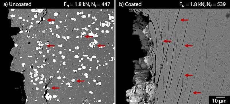 Fig. 7. SEM images of the surface around fracture area for (a) uncoated and (b) coated samples subjected to high stress amplitude 3-point bending test.