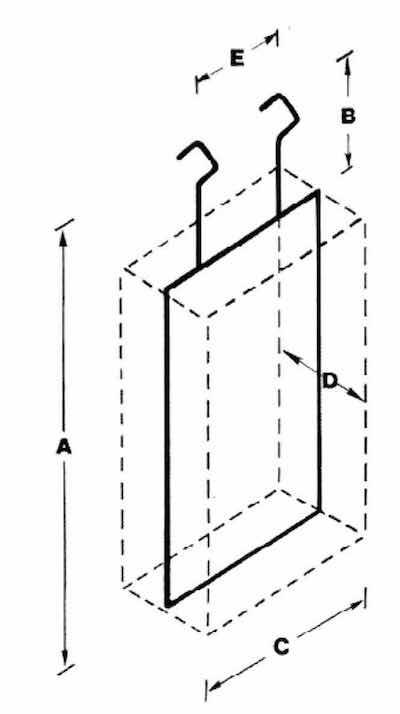 Fig. 1â€”Dimensional layout of a generic plating rack. Whenever possible, parts should be four in. from the anodes.