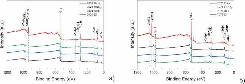 Fig. 5. XPS survey spectra for differently pre-treated surfaces of AA2024-T3 (a) and AA7075-T6 (b).
