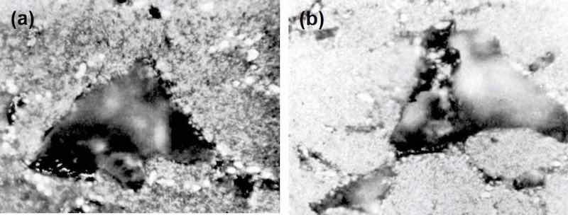 Figure 8 - (a) Surface of LM8WP alloy after removal of electrodeposited nickel by peeling; (b) nickel foil removed from LM8WP alloy by peeling.